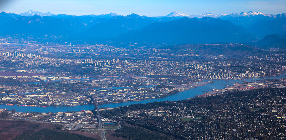 Photo from within the cabin of a flight over Vancouver, BC.