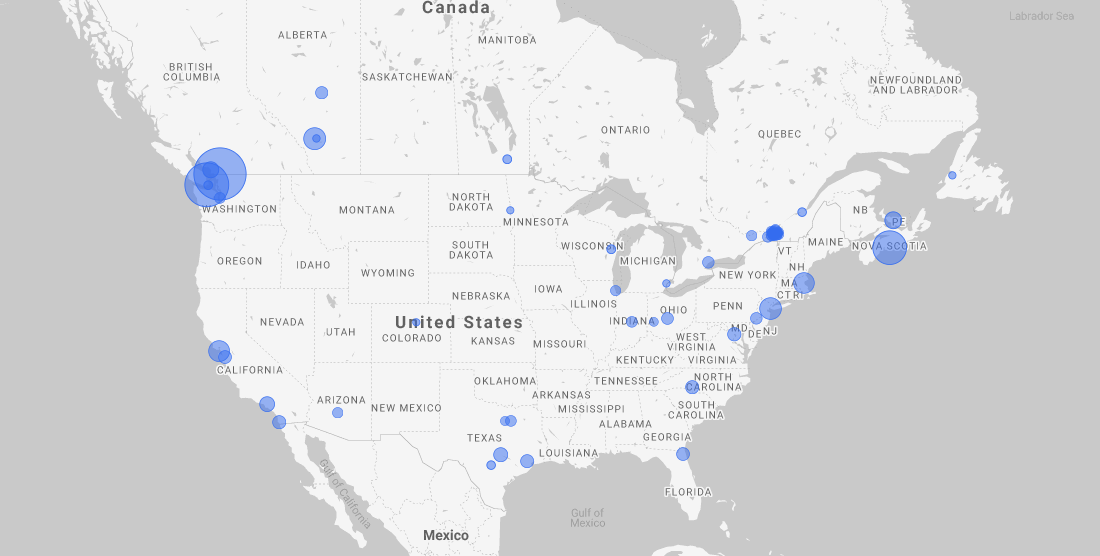 A bubble chart showing locations that were most frequently in the top 100 most expensive origins or destinations.